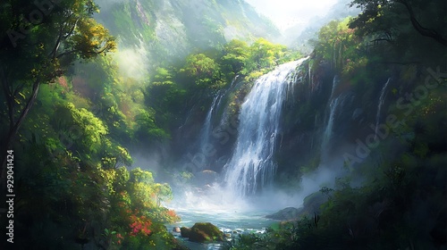 A Lush Forest Waterfall Scene With Mist and Birds