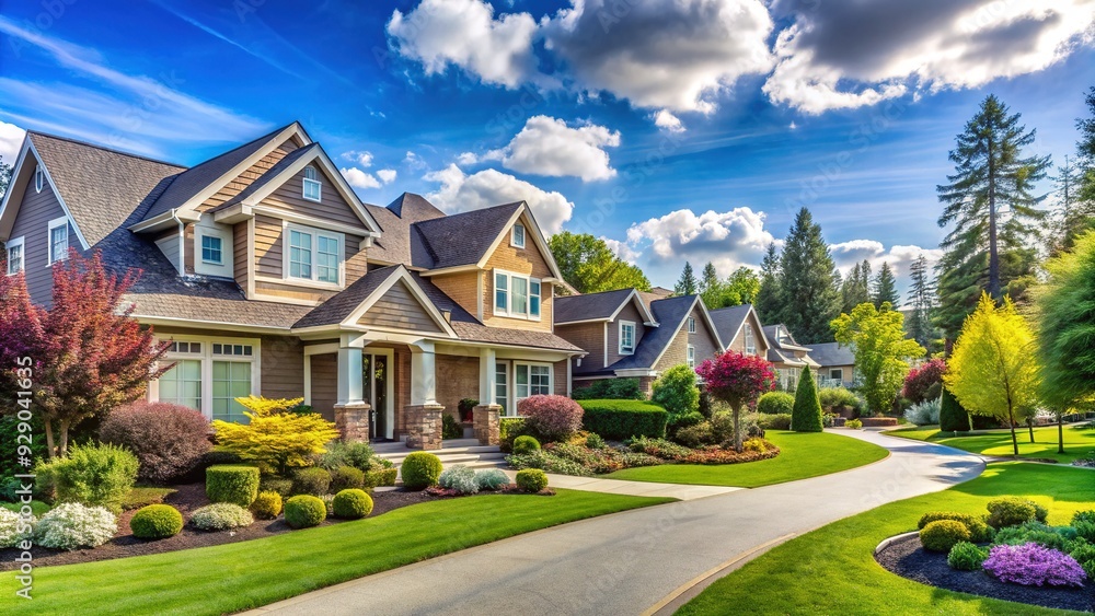 Modern suburban neighborhood with well-manicured lawns, sidewalks, and upscale homes with varied architectural styles, surrounded by mature trees and a blue sky. Modern suburban neighborhood with well-manicured lawns, sidewalks, and upscale homes with varied architectural styles, surrounded by mature trees and a blue sky.