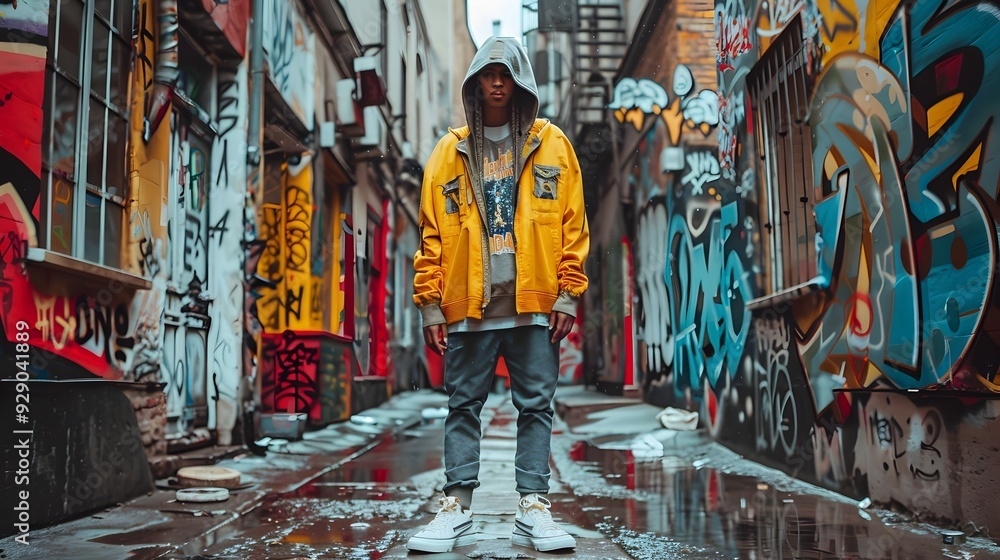 Obraz premium Stylish Streetwear Ensemble in Vibrant Graffiti Covered Alleyway Setting