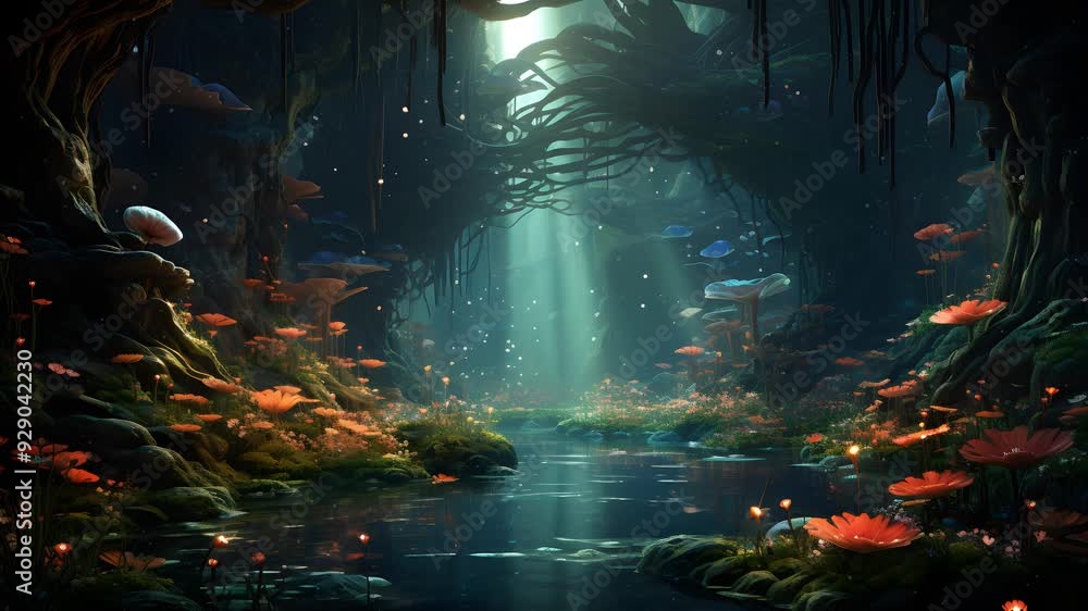 A magical forest scene with glowing flowers, mushrooms, and a stream of water. Light beams through the trees, illuminating the beautiful landscape. A magical forest scene with glowing flowers, mushrooms, and a stream of water. Light beams through the trees, illuminating the beautiful landscape.