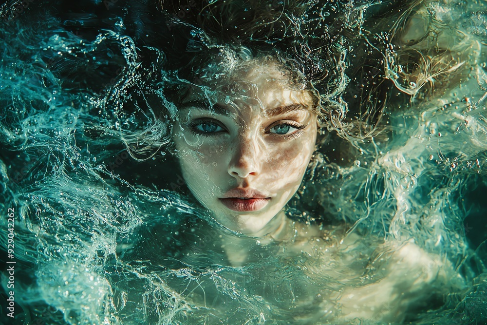 A captivating underwater portrait of a woman with mesmerizing eyes, surrounded by shimmering water and vibrant light. A captivating underwater portrait of a woman with mesmerizing eyes, surrounded by shimmering water and vibrant light.