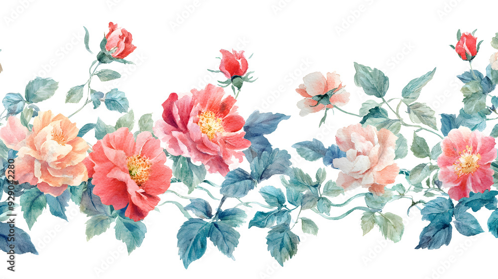 Fototapeta premium A delicate border of pink and white roses with green leaves, perfect for adding a touch of elegance to your designs.