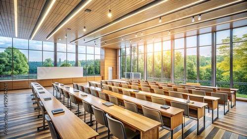 Modern university lecture hall filled with rows of seats, wooden desks, and a large whiteboard, illuminated by natural light streaming through large windows.