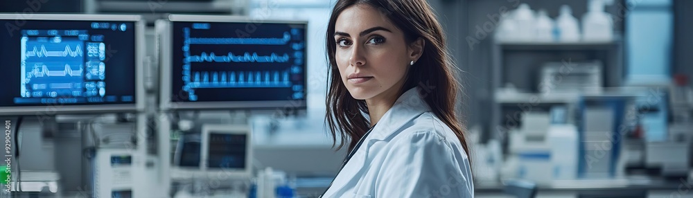 A focused female doctor in a hightech lab, surrounded by advanced medical equipment and screens displaying complex data, modern and professional A focused female doctor in a hightech lab, surrounded by advanced medical equipment and screens displaying complex data, modern and professional