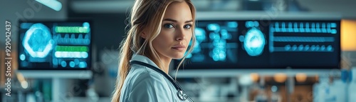 A focused female doctor in a hightech lab, surrounded by advanced medical equipment and screens displaying complex data, modern and professional photo