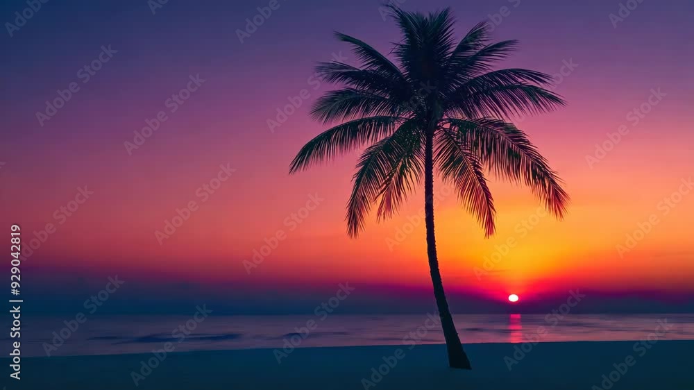 Solitary Palm Tree on Beach at Vibrant Tropical Sunset Over Serene Ocean Waters Solitary Palm Tree on Beach at Vibrant Tropical Sunset Over Serene Ocean Waters