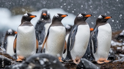 Four Gentoo Penguins Standing on Rocks in Snow photo