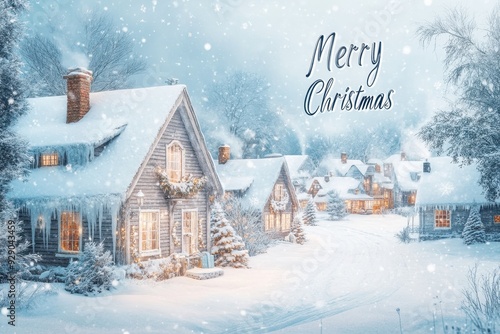 Snowy Village Scene Collage: Photos of a quaint village covered in snow, with cozy cottages, frosted windows, and smoke rising from chimneys. The text "Merry Christmas" in a whimsical, snowy font. 