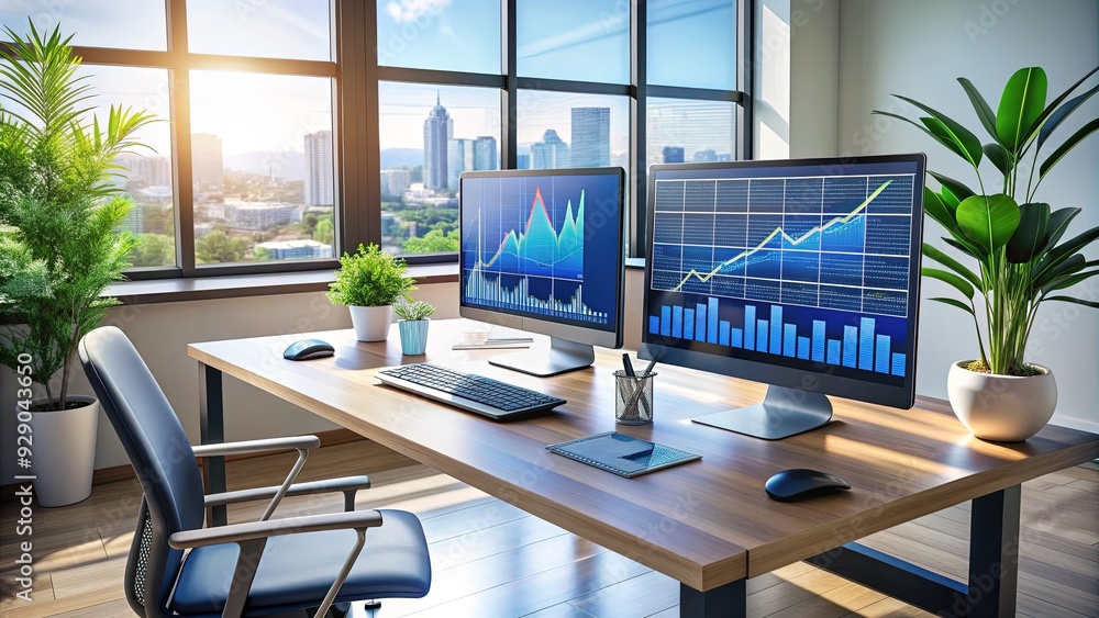 Modern workspace with three high-resolution screens displaying graphs, charts, and coding lines, surrounded by functional office supplies and a sleek keyboard. Modern workspace with three high-resolution screens displaying graphs, charts, and coding lines, surrounded by functional office supplies and a sleek keyboard.