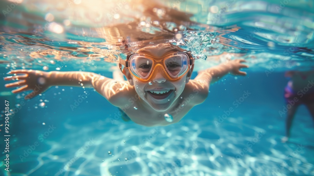 Naklejka premium Cute smiling child having fun swimming and diving in the pool at the resort on summer vacation. Sun shines under water and sparkling water reflection. Activities and sports to happy kid