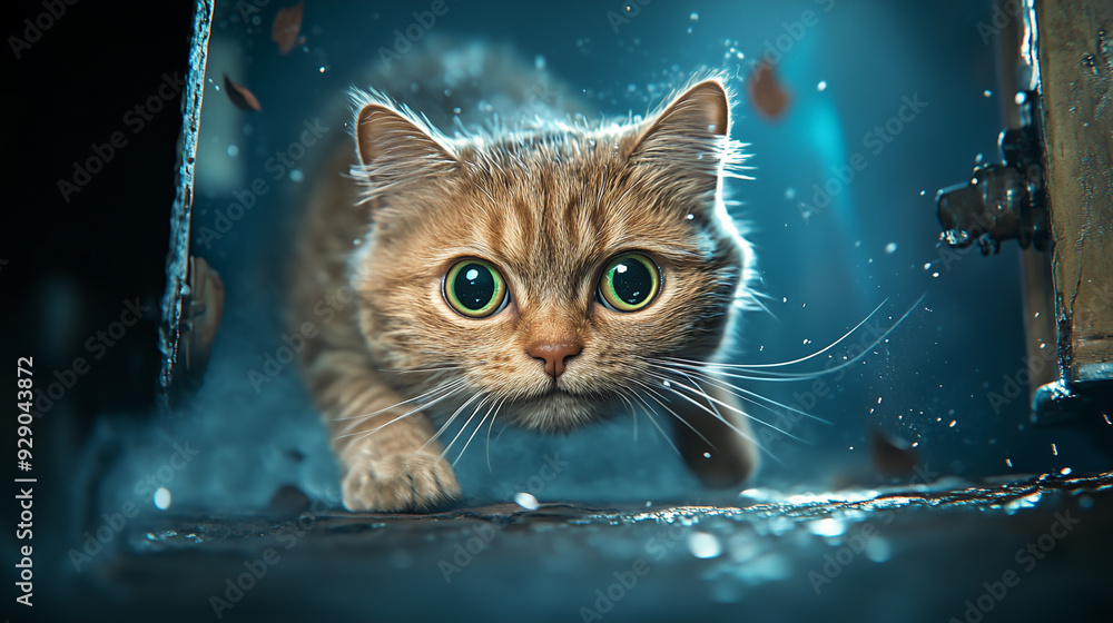 A captivating close-up of a wide-eyed cat cautiously exploring a mysterious environment at night. The dramatic lighting and intense gaze capture the cat’s sense of curiosity and alertness A captivating close-up of a wide-eyed cat cautiously exploring a mysterious environment at night. The dramatic lighting and intense gaze capture the cat’s sense of curiosity and alertness