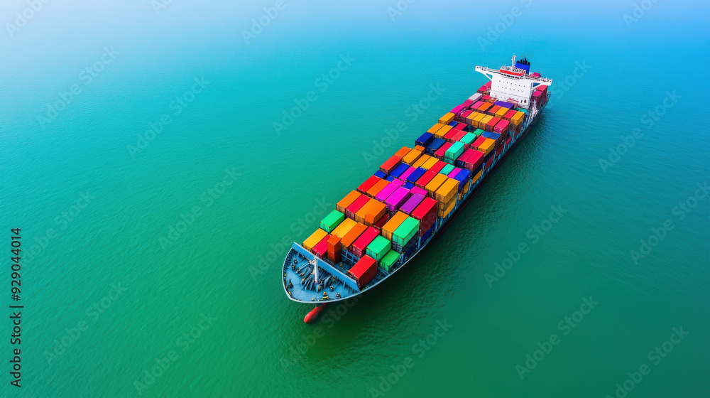Aerial view of a colorful cargo ship loaded with containers, floating on calm turquoise waters, showcasing maritime transport. Aerial view of a colorful cargo ship loaded with containers, floating on calm turquoise waters, showcasing maritime transport.