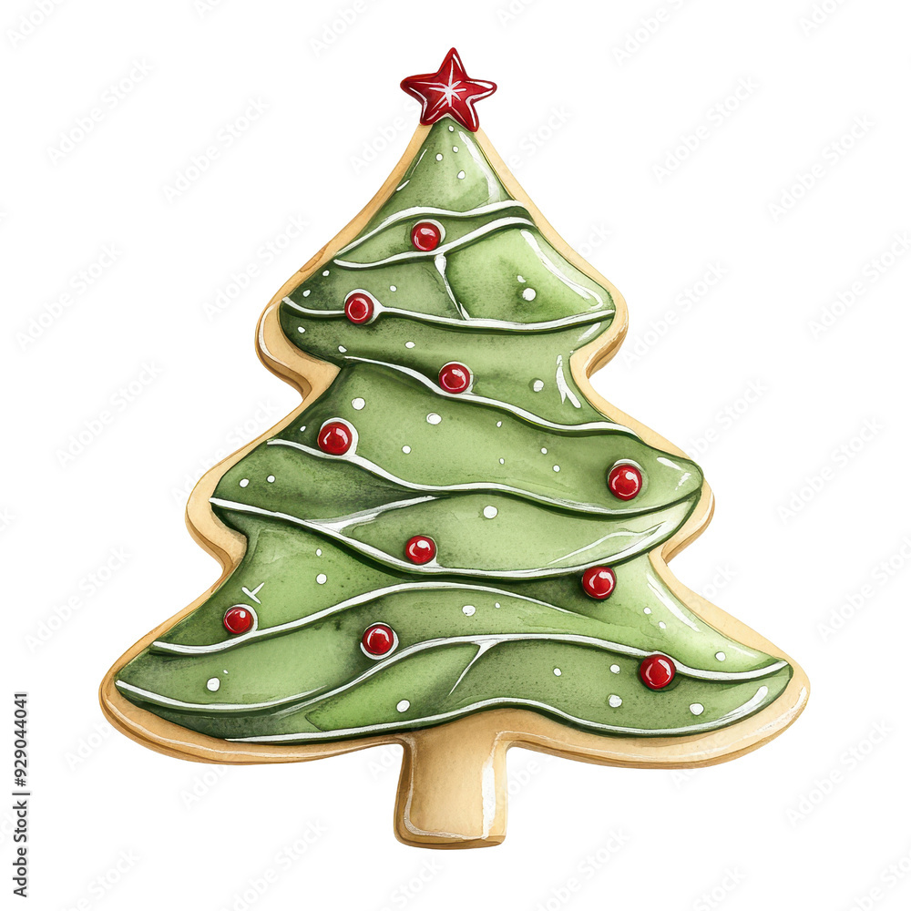 A festive Christmas tree cookie adorned with red baubles and white icing, perfect for holiday celebrations and decorations. A festive Christmas tree cookie adorned with red baubles and white icing, perfect for holiday celebrations and decorations.