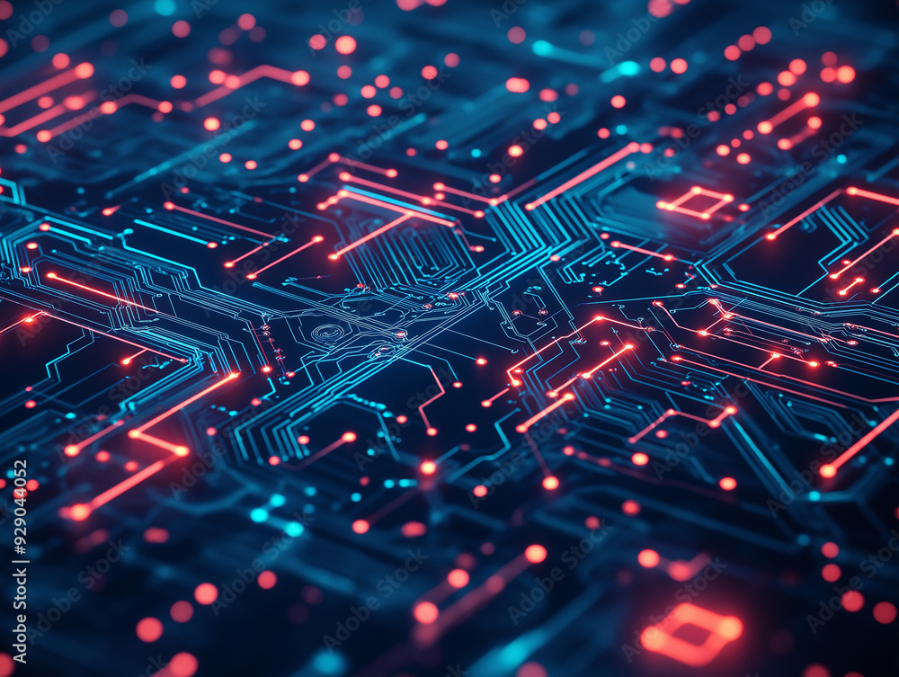 A blue and black image of a circuit board with many small squares and dots A blue and black image of a circuit board with many small squares and dots
