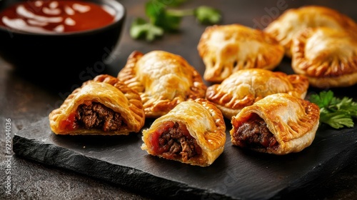 Argentinian empanadas filled with beef and spices, street food delicacy, golden and crispy photo