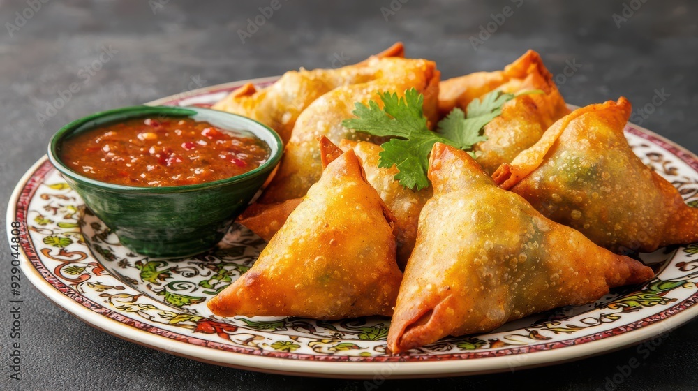 Indian samosas with spicy chutney , street food classic, rich in flavor Indian samosas with spicy chutney , street food classic, rich in flavor