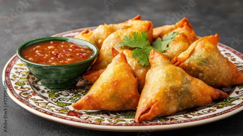 Indian samosas with spicy chutney , street food classic, rich in flavor