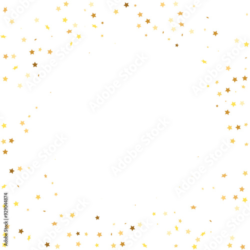 Star Sequin Confetti on White Background. Christmas Party Frame. Isolated Flat Birthday Card. Golden Stars Banner. Vector Gold Glitter. Falling Particles on Floor. Voucher Gift Card Template.