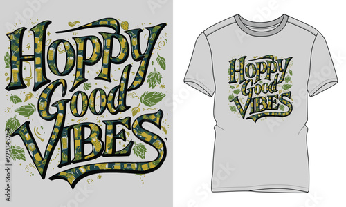 Hoppy Good Vibes- Craft beer Typography T-shirt vector design. motivational and inscription quotes. perfect for print item and bags, posters, cards. 
isolated on black background