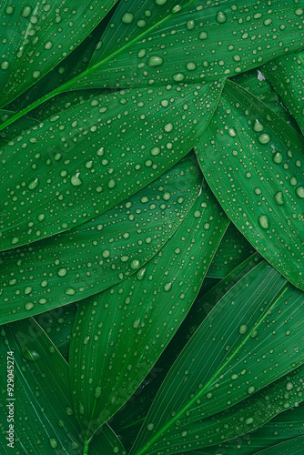 A close up of green leaves with droplets of water on them