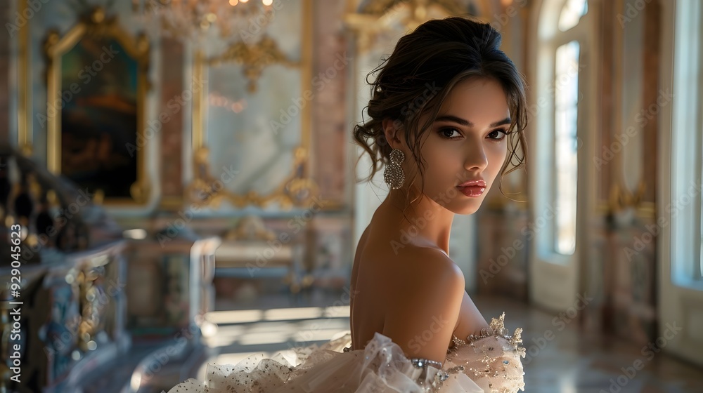 High End Fashion Gown in Opulent Mansion Backdrop High End Fashion Gown in Opulent Mansion Backdrop