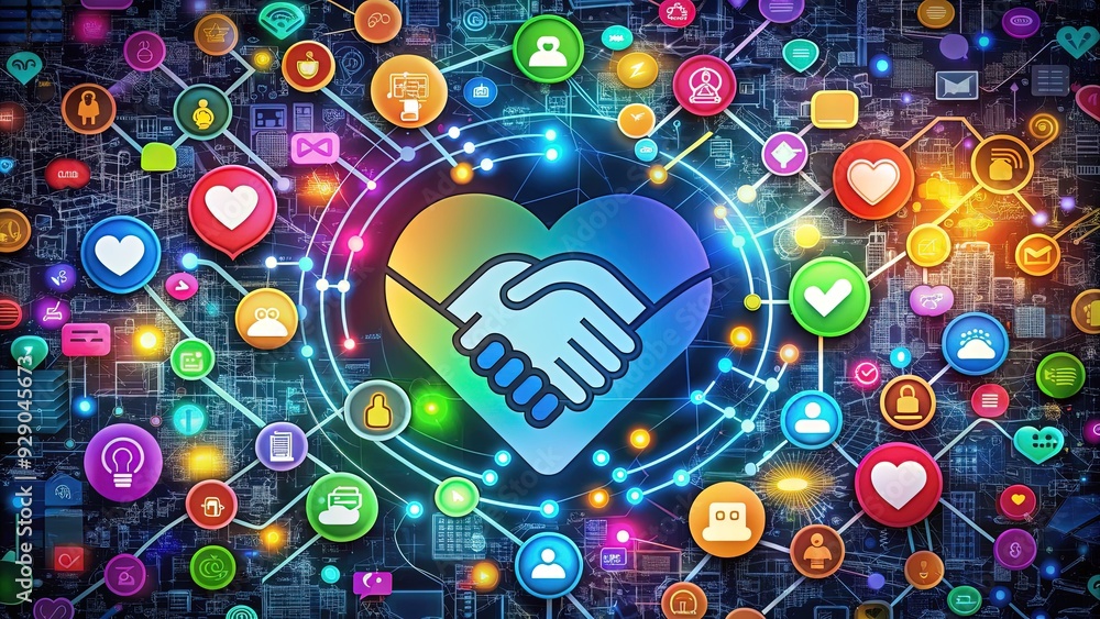Obraz premium Multiple colorful icons, including wifi signals, hearts, and handshake symbols, overlap and intertwine, forming a vibrant and dynamic representation of modern digital connections.