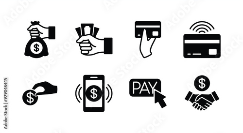 Money icon set. Containing payment, click pay button, paying with coin, cash, agreement, atm card, transfer, paid, banking, credit, debit. Vector illustration