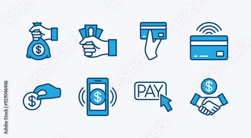 Set of money icon. Containing payment, click pay button, paying with coin, cash, agreement, atm card, transfer, paid, banking, credit, debit. Vector illustration