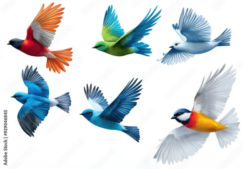 Colorful birds in flight showcasing vibrant feathers and diverse wing patterns, perfect for nature and wildlife themes. Colorful birds in flight showcasing vibrant feathers and diverse wing patterns, perfect for nature and wildlife themes.