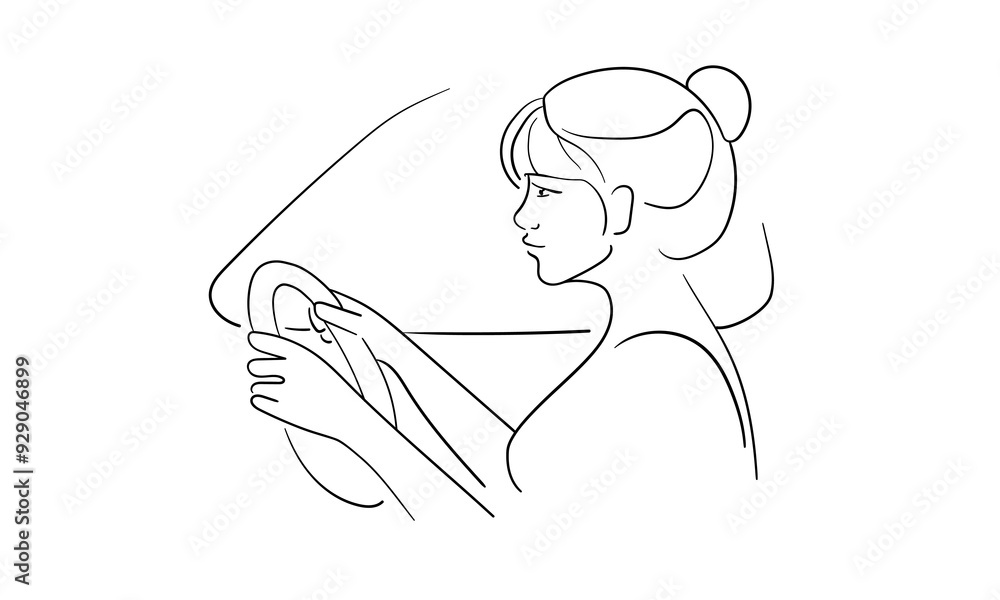 Woman driving continuous line art drawing isolated on white background. Vector illustration Woman driving continuous line art drawing isolated on white background. Vector illustration