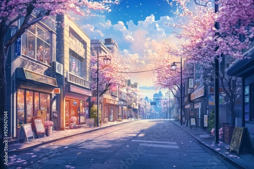 Springtime Enchantment: anime-style City Streets Bloom with Life, the Perfect Canvas for Leisurely Vacations and Idyllic Travel Posters in 4K,Anime-Style,illustration,Picture BooksFor Poster,Novel,UI, photo