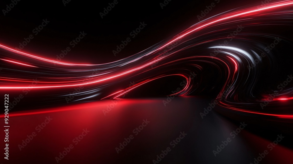 A dynamic, futuristic scene with flowing red and black light patterns in a dark environment. A dynamic, futuristic scene with flowing red and black light patterns in a dark environment.