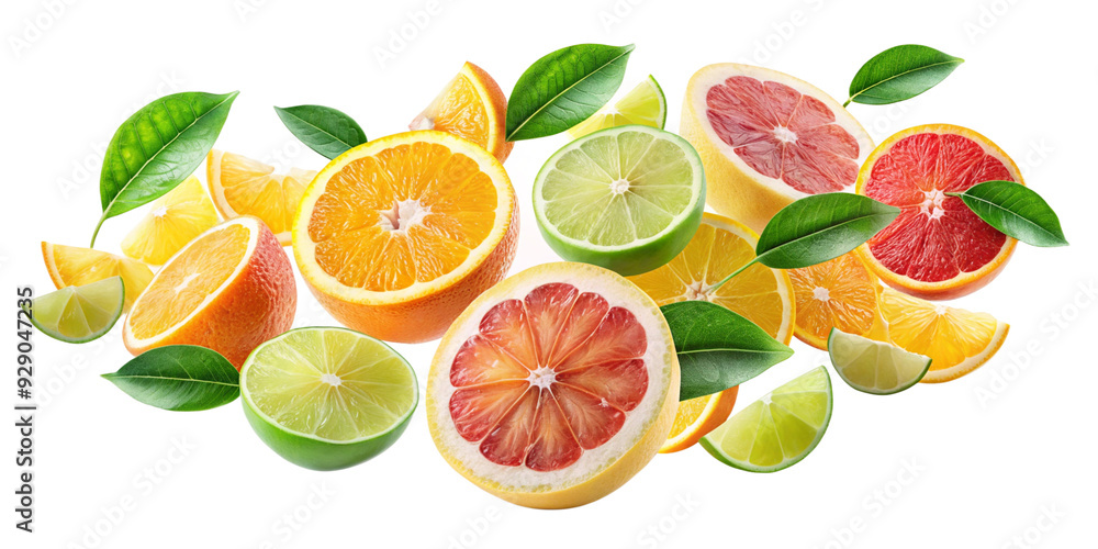 citrus fruit with half slices citrus falling or flying in the air with green leaves isolated on white background. Generative AI citrus fruit with half slices citrus falling or flying in the air with green leaves isolated on white background. Generative AI