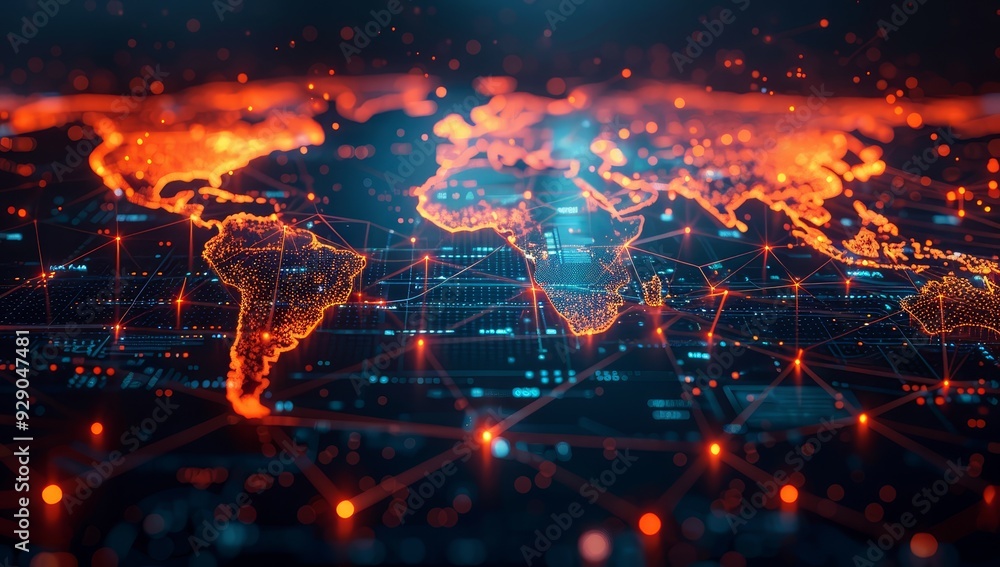 A digital map of the world with glowing lines connecting cities, representing global connectivity and data transfer A digital map of the world with glowing lines connecting cities, representing global connectivity and data transfer