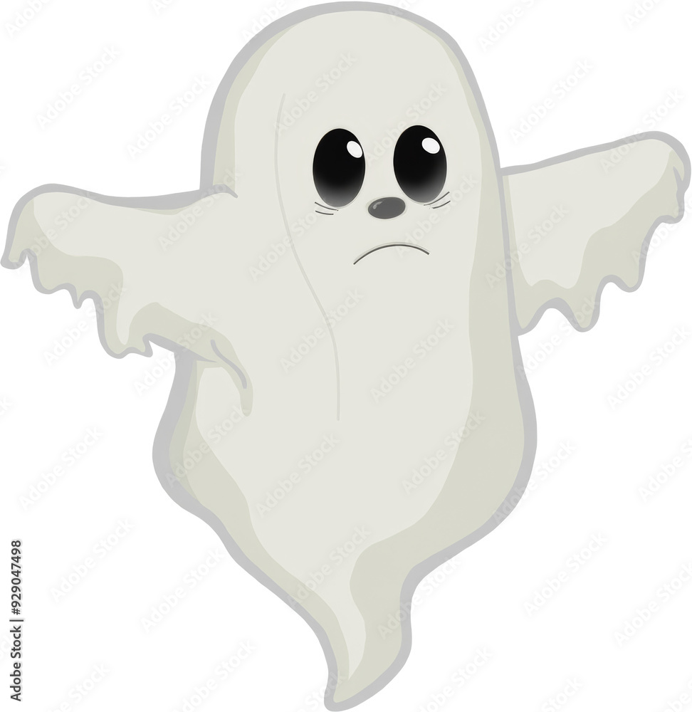 A friendly, wide-eyed cartoon ghost with a surprised expression floats on a white background, perfect for Halloween themes. A friendly, wide-eyed cartoon ghost with a surprised expression floats on a white background, perfect for Halloween themes.