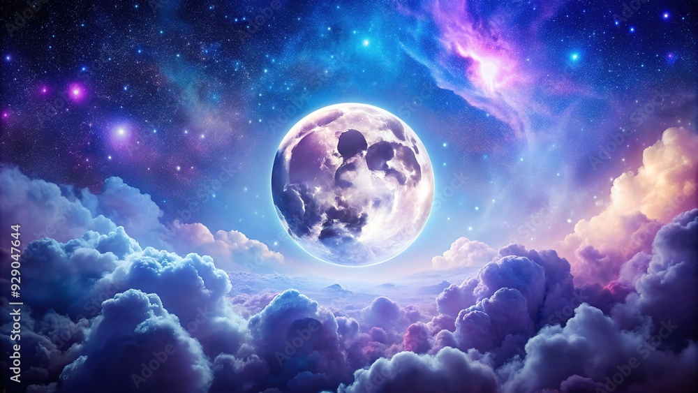 Mystical glowing moon surrounded by swirling clouds and stardust, set against a vibrant purple and blue astral background, evoking a sense of wonder and enchantment. Mystical glowing moon surrounded by swirling clouds and stardust, set against a vibrant purple and blue astral background, evoking a sense of wonder and enchantment.