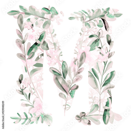 Watercolor Alphabet Letter M with Leaves and Flowers. Initial Monogram M Painted in Watercolour Isolated on White. Birthday, Vintage Wedding Poster Font. Summer Ornament. Exotic Floral ABC Card.