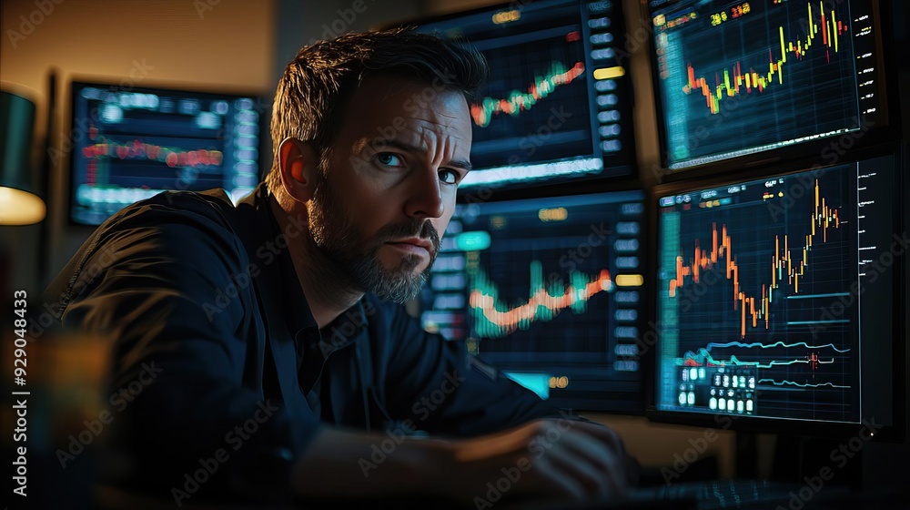 A trader in a dark office, intensely monitoring financial markets on multiple screens, the glow from the monitors creating a focused atmosphere A trader in a dark office, intensely monitoring financial markets on multiple screens, the glow from the monitors creating a focused atmosphere