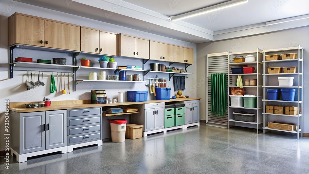 Neatly organized garage storage system with shelving units, cabinets, and bins, showcasing efficient use of space in a modern residential setting. Neatly organized garage storage system with shelving units, cabinets, and bins, showcasing efficient use of space in a modern residential setting.