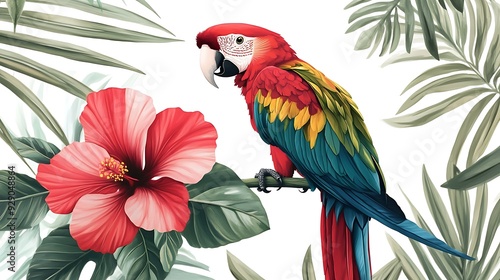 A Vibrant Scarlet Macaw Perched on a Branch Amidst Lush Tropical Foliage and a Red Hibiscus Flower