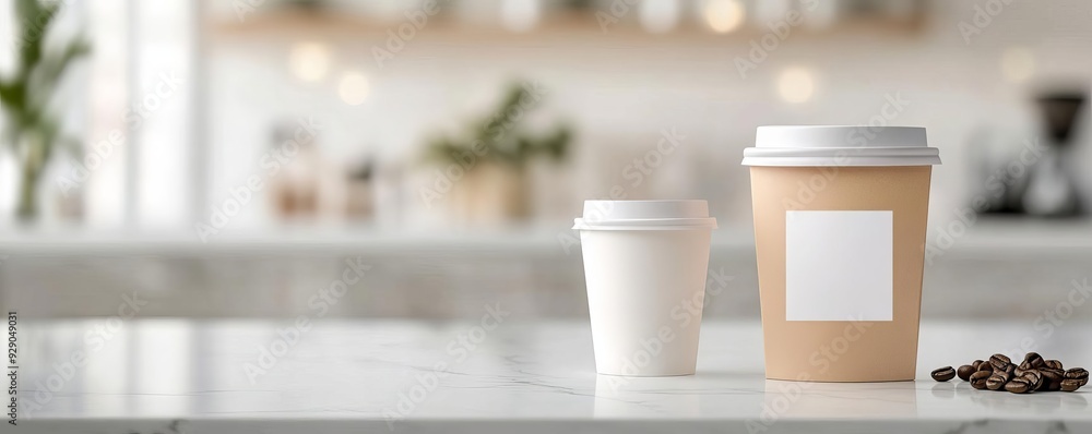 Coffee pack mockup with a minimalist design, placed on a white marble countertop with subtle reflections, highlighting clean and contemporary packaging Coffee pack mockup with a minimalist design, placed on a white marble countertop with subtle reflections, highlighting clean and contemporary packaging