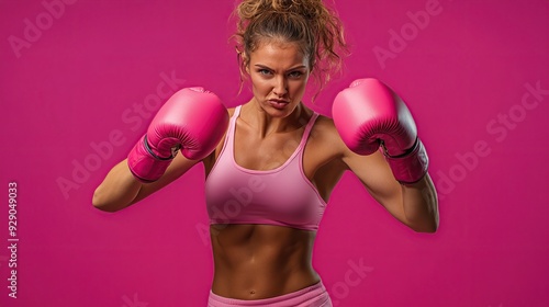 Breast cancer awareness month: woman in pink sports clothes punching with pink boxer gloves. copy space for text.