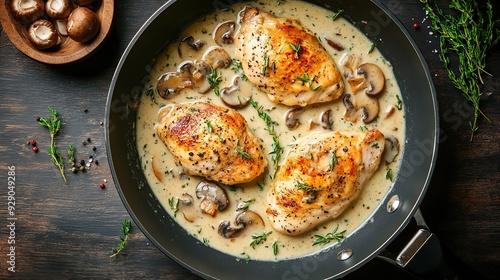 Chicken in creamy sauce with mushrooms in a frying pan, top view. copy space for text.