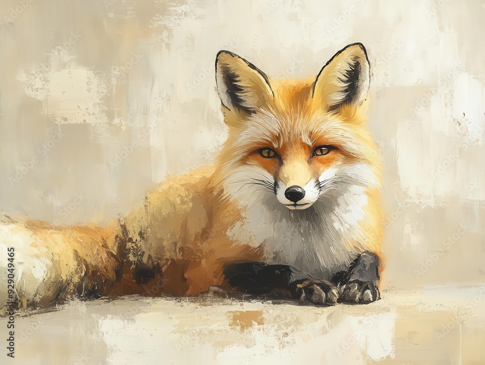 Fototapeta premium A red fox with a sly expression, lying on a beige background.