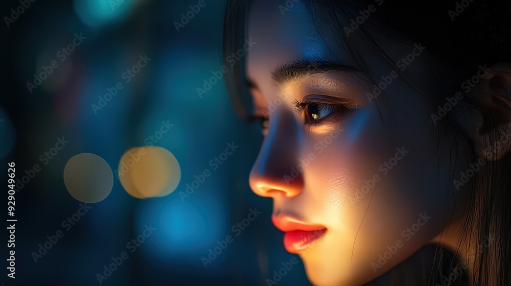 close-up of a young woman’s face illuminated by soft blue light, with a thoughtful expression. close-up of a young woman’s face illuminated by soft blue light, with a thoughtful expression.