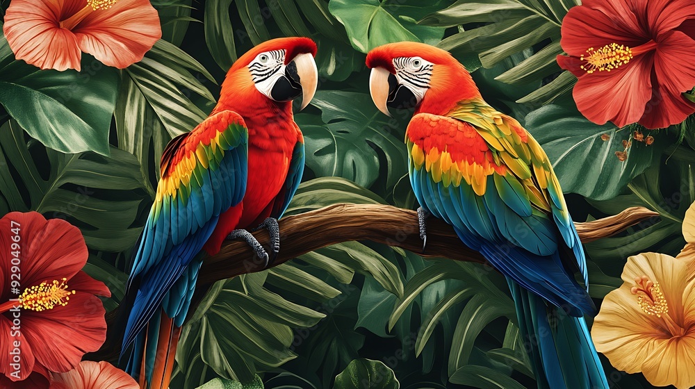 Obraz premium Two Macaws Perched on a Branch Amongst Lush Tropical Foliage
