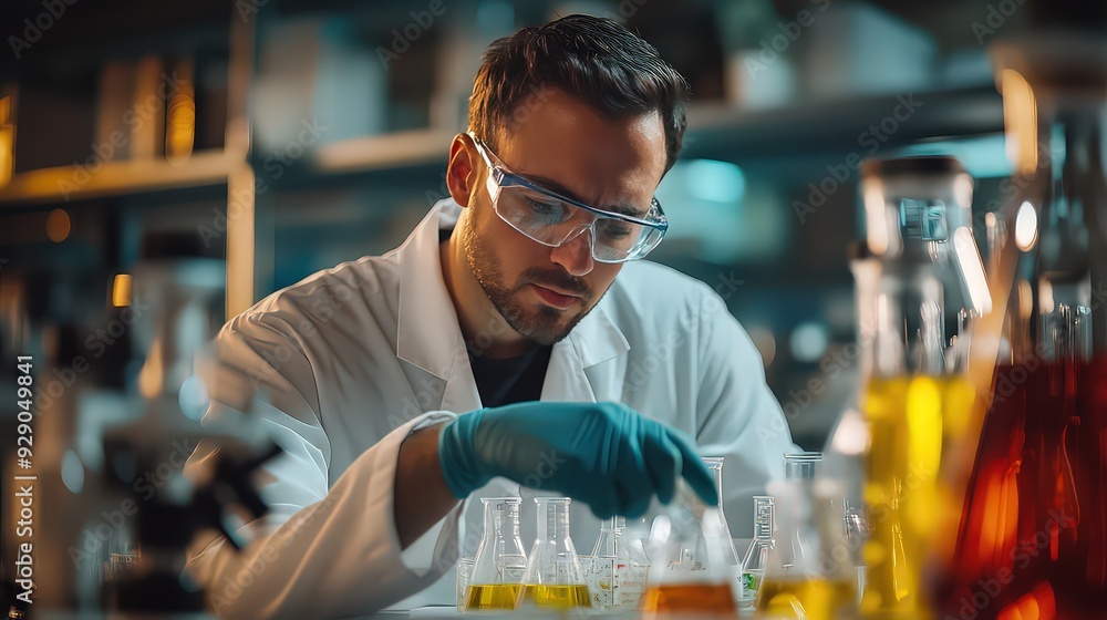 scientist in a white lab coat conducting an experiment with colorful chemicals in beakers and flasks, surrounded by various analytical instruments. scientist in a white lab coat conducting an experiment with colorful chemicals in beakers and flasks, surrounded by various analytical instruments.