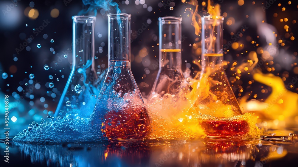 image of vibrant chemical reactions taking place in glassware, with bubbling solutions and swirling colors indicating active experiments. image of vibrant chemical reactions taking place in glassware, with bubbling solutions and swirling colors indicating active experiments.