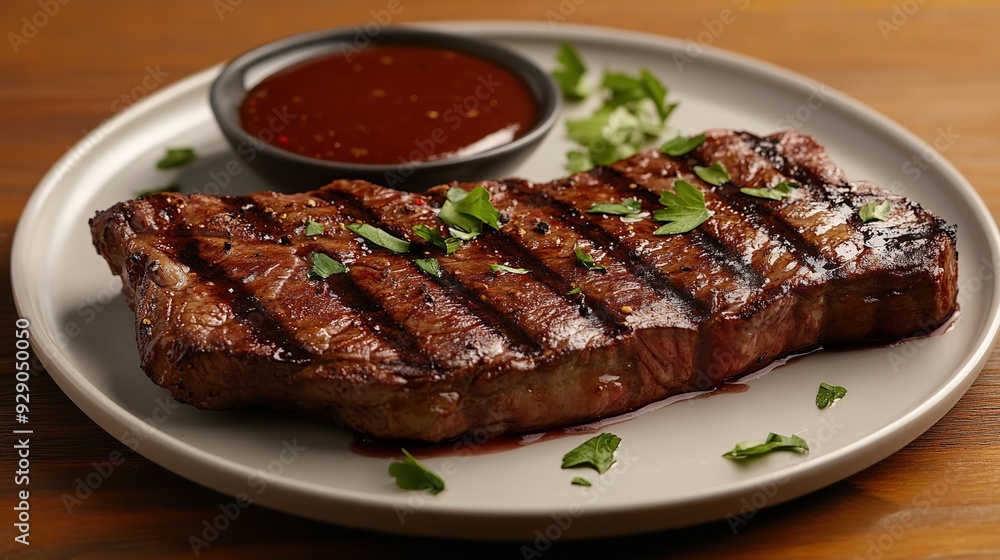 Delicious steak in a plate with sauce on wooden table, copy space for text. Delicious steak in a plate with sauce on wooden table, copy space for text.