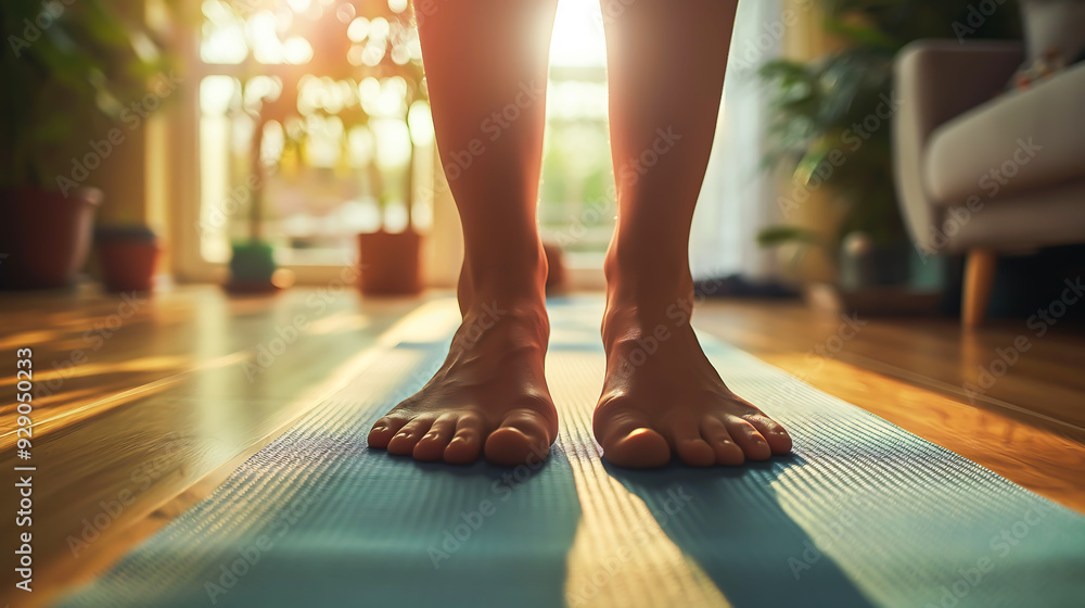 Close up of feet of female standing on a yoga mat while doing yoga in living room Close up of feet of female standing on a yoga mat while doing yoga in living room